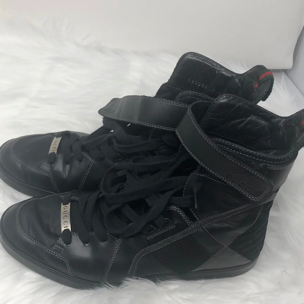 Gucci Leather High Top Strap Sneakers Men’s Size 7G Black Web Trim Italy